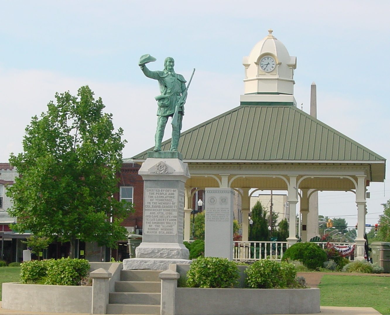 David Crockett statue and gazebo on the courthouse square in Lawrenceburg, TN